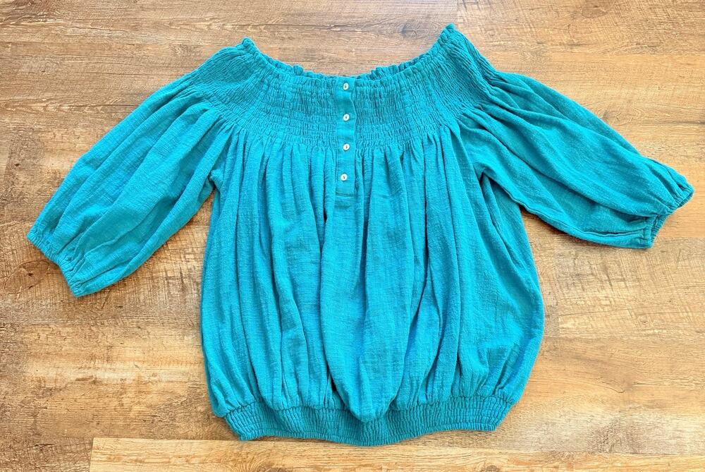 Gigio Turquoise Smocked Off Shoulder Peasant Blouse Small Boho